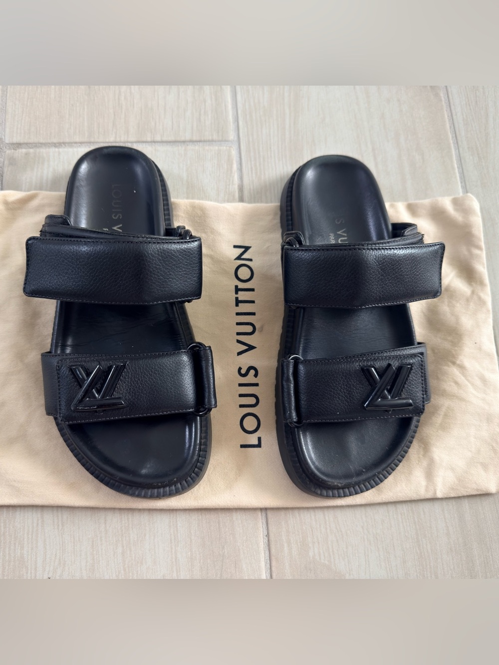 Louis Vuitton Black Leather LV Double-Strap Slides